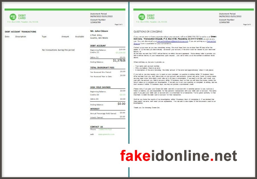 Green Dot Editable Word Bank Statement